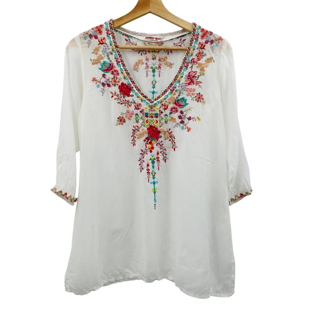 Johnny Was XS white embroidered blouse